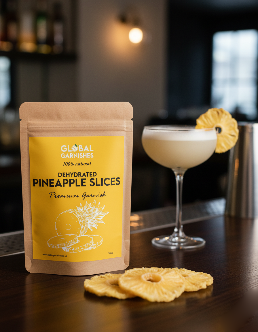Dehydrated pineapple slices for Piña Colada cocktail garnish from Global Garnishes UK