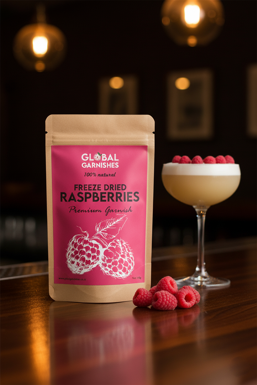 Freeze dried whole raspberries 100g pack for cocktail garnish from Global Garnishes UK