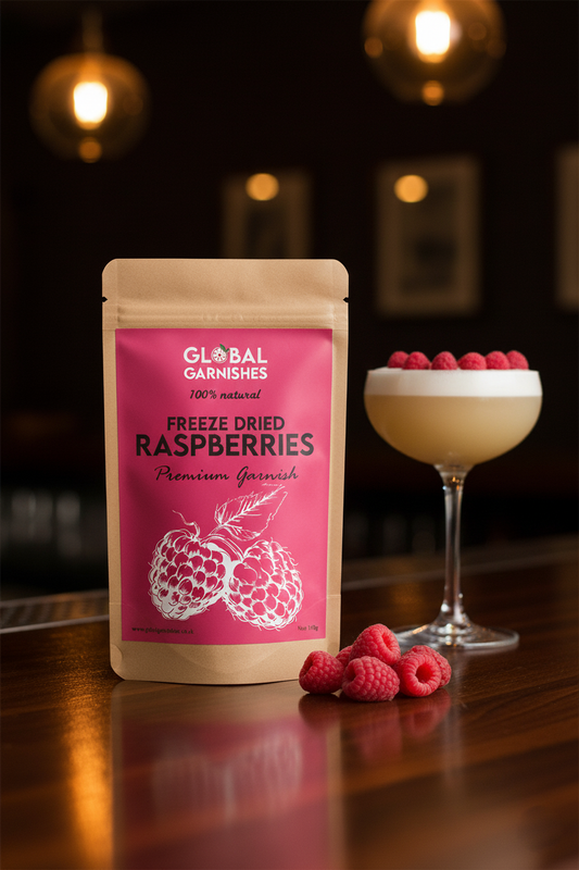 Freeze dried whole raspberries 100g pack for cocktail garnish from Global Garnishes UK