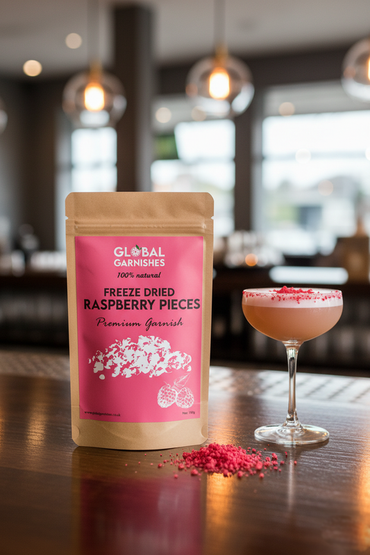 Pack of freeze dried raspberry pieces for French martini cocktail garnish from Global Garnishes on a bar table